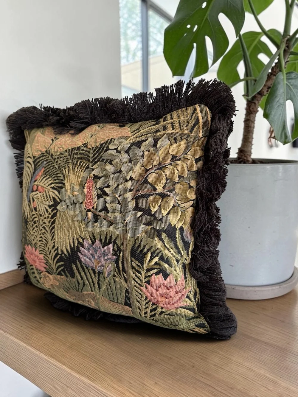 Vintage Black Floral and Animal Tapestry Accent Pillow